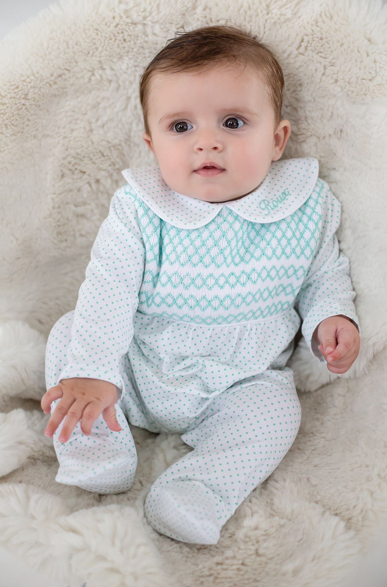 Boys Mint Swiss Dot Smocked baby grow – Clark & Beau